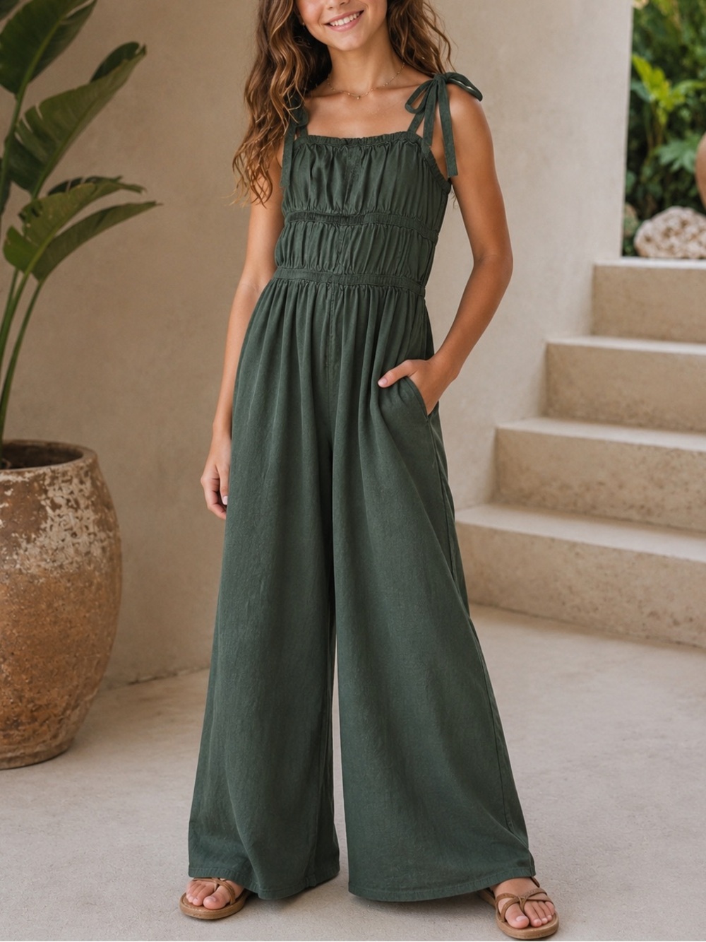 T&B Girls Olive Green Wide Leg Jumpsuit Size Large (10/12) Tie Strap Romper